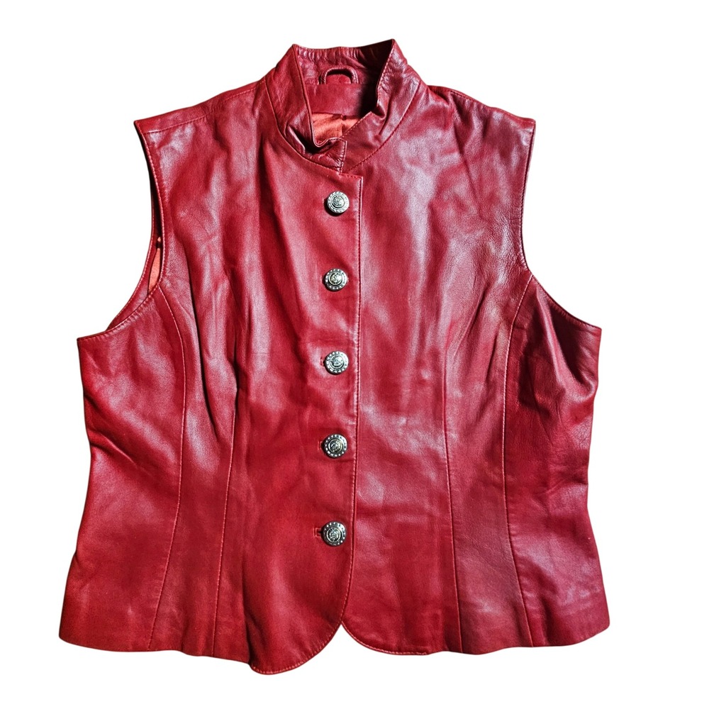 Vintage Saguaro West Mock Neck Red Leather Vest Silver Button Western L Festival